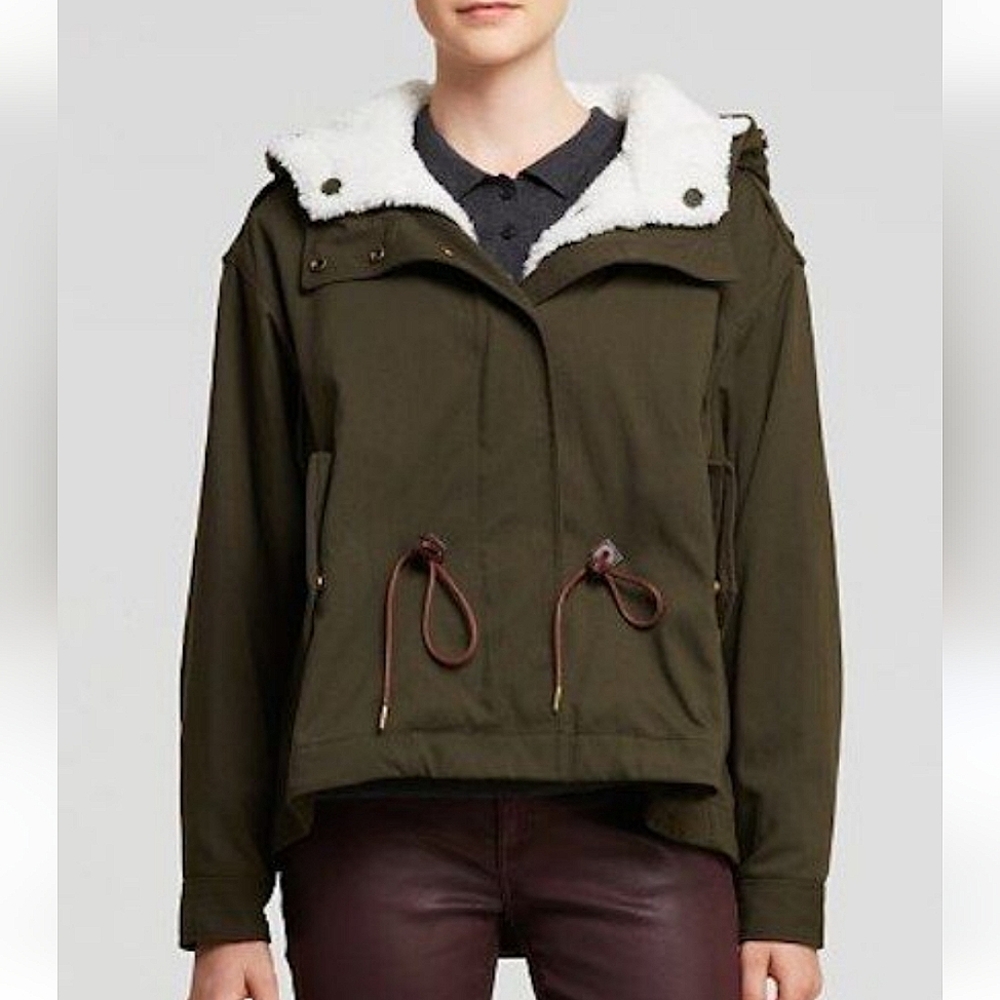 Burberry Brit Kingsby Shearling Military Coat in Olive Green Size 2 US